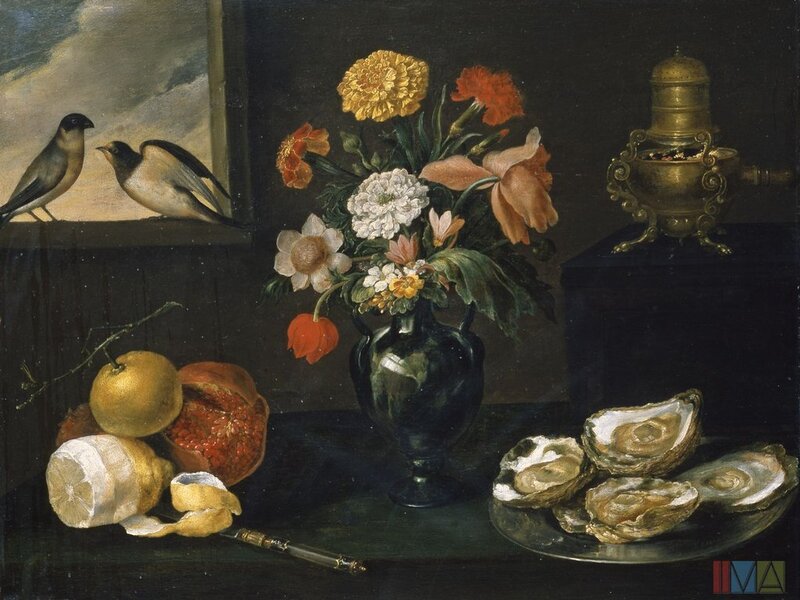 Still Life with Flowers and Fruit — Black