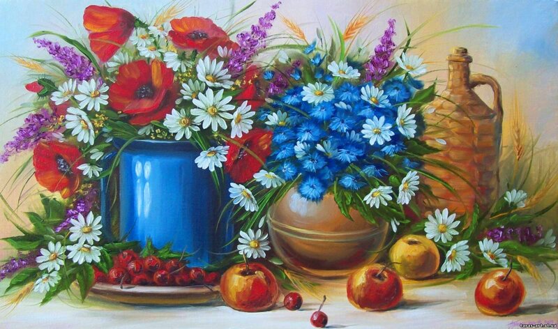 Still Life with Flowers and Fruit — Blue, Calm, Afternoon, Painting