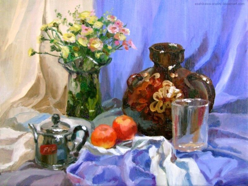 Still Life with Flowers and Fruit — Blue, Calm, Painting, Apples