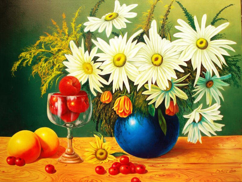 Still Life with Flowers and Fruit — Blue, Calm, Painting, Vase