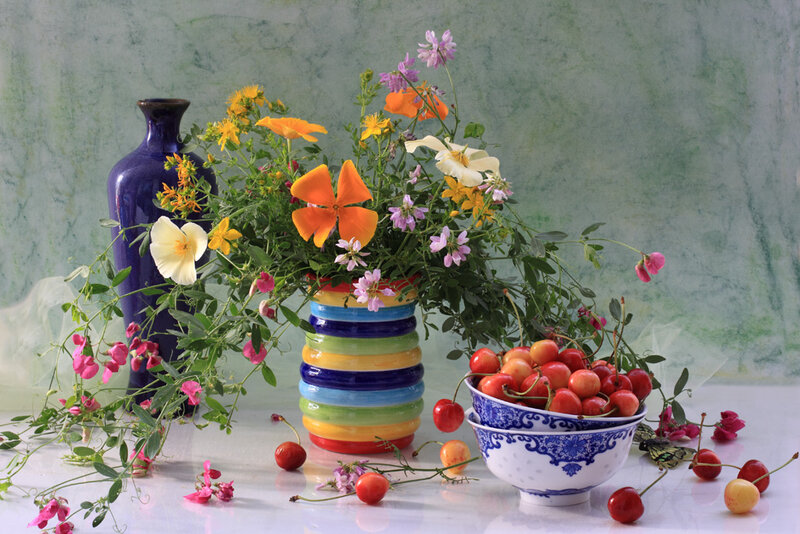 Still Life with Flowers and Fruit — Blue, Calm