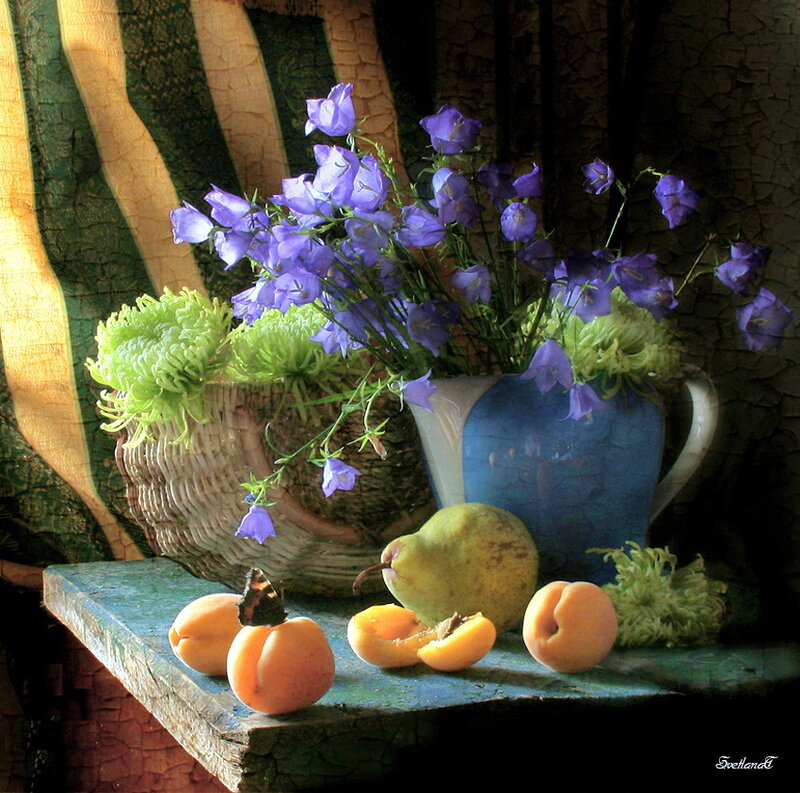 Still Life with Flowers and Fruit — Blue, Dramatic, Afternoon