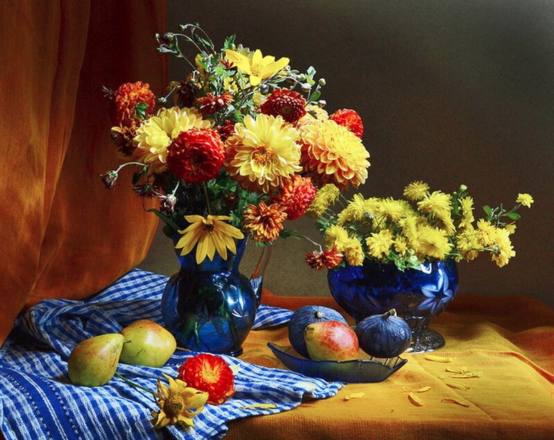 Still Life with Flowers and Fruit — Blue, Dramatic, Photograph