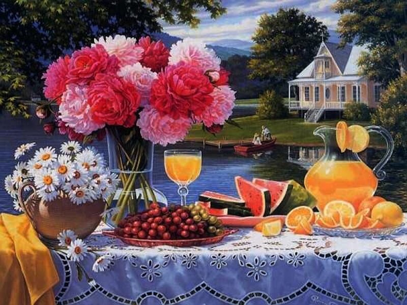 Still Life with Flowers and Fruit — Blue, Serene, Afternoon, Painting