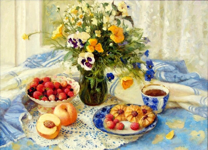 Still Life with Flowers and Fruit — Blue, Serene