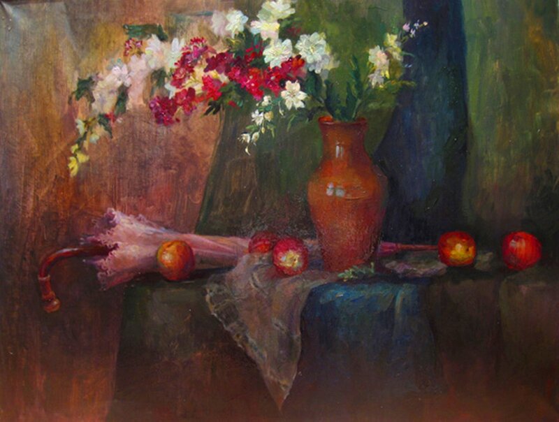 Still Life with Flowers and Fruit — Brown, Calm, Painting, Vase