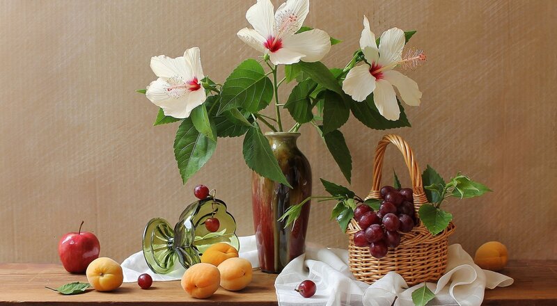 Still Life with Flowers and Fruit — Brown, Calm, Photograph, Basket