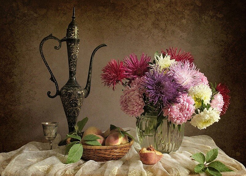 Still Life with Flowers and Fruit — Brown, Calm, Photograph, Vase, Pitcher