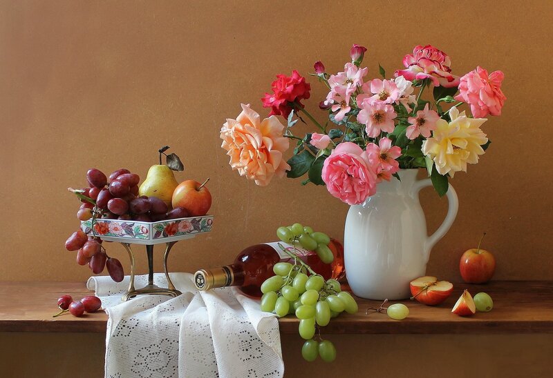 Still Life with Flowers and Fruit — Brown, Calm, Photograph, Vase