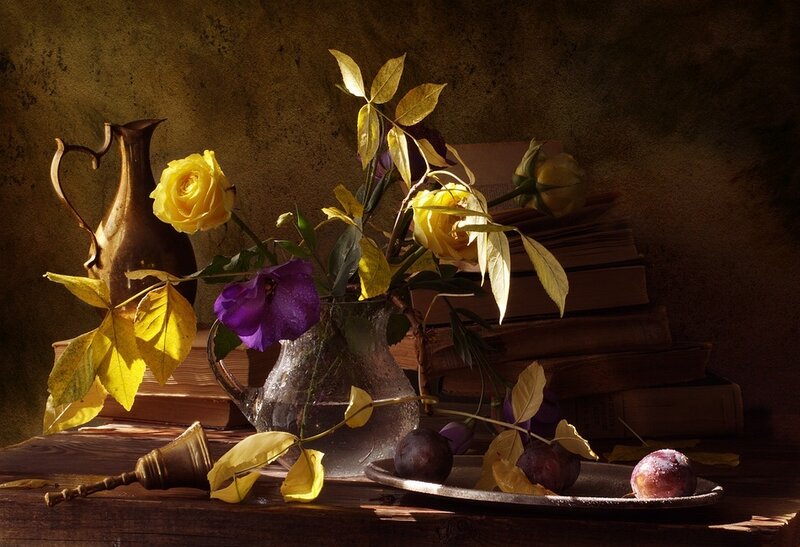 Still Life with Flowers and Fruit — Brown, Dramatic, Afternoon