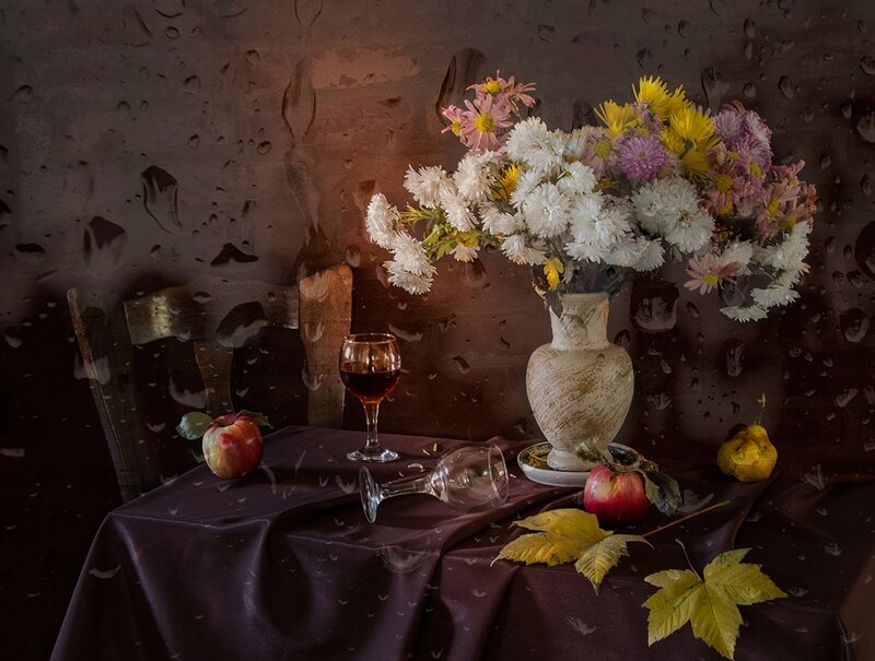 Still Life with Flowers and Fruit — Brown, Dramatic, Autumn