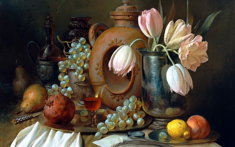 Still Life with Flowers and Fruit — Brown, Dramatic, Painting, Grapes