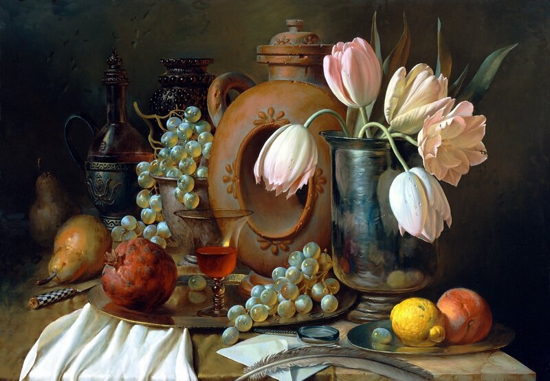Still Life with Flowers and Fruit — Brown, Dramatic, Painting, Grapes, Tulips