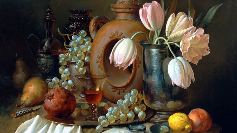 Still Life with Flowers and Fruit — Brown, Dramatic, Painting, Grapes, Tulips, Vase