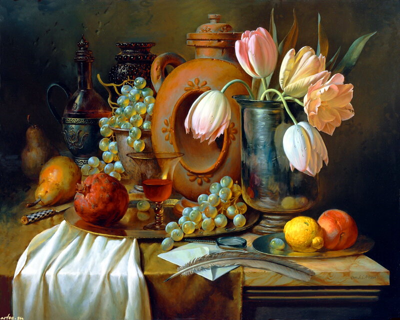 Still Life with Flowers and Fruit — Brown, Dramatic, Painting