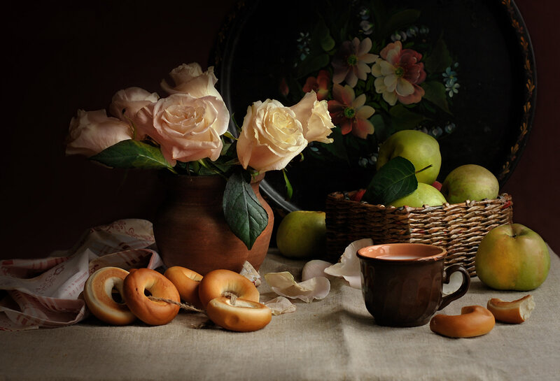 Still Life with Flowers and Fruit — Brown, Dramatic, Photograph, Roses