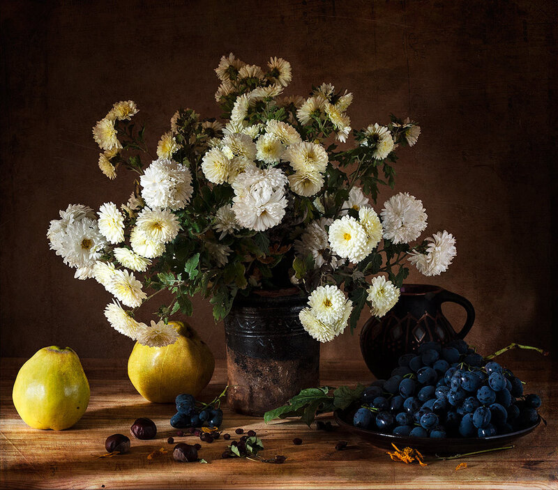 Still Life with Flowers and Fruit — Brown, Dramatic, Photograph