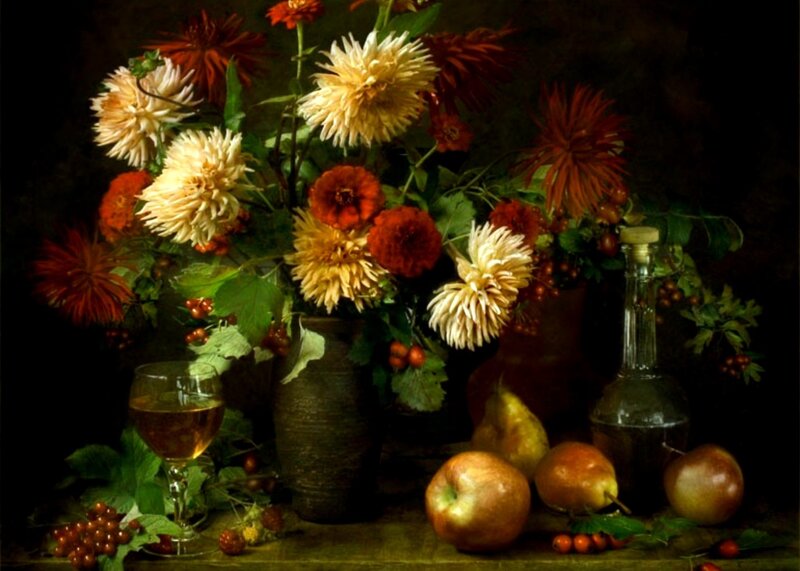 Still Life with Flowers and Fruit — Brown, Dramatic