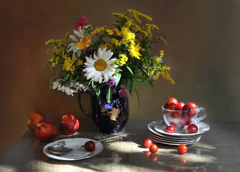 Still Life with Flowers and Fruit — Brown, Serene, Afternoon, Photograph