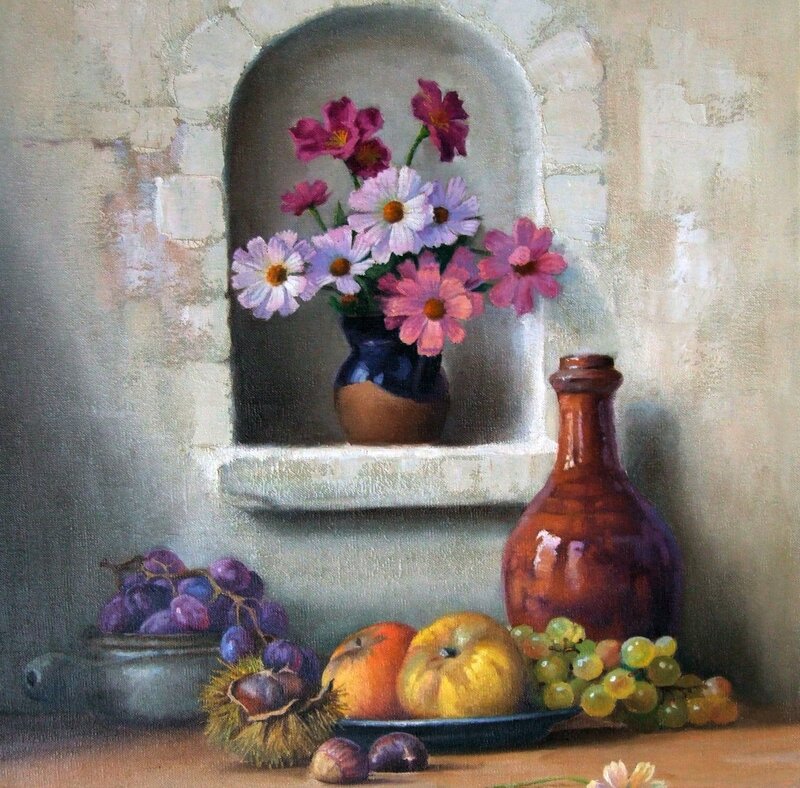 Still Life with Flowers and Fruit — Brown, Serene, Painting, Grapes