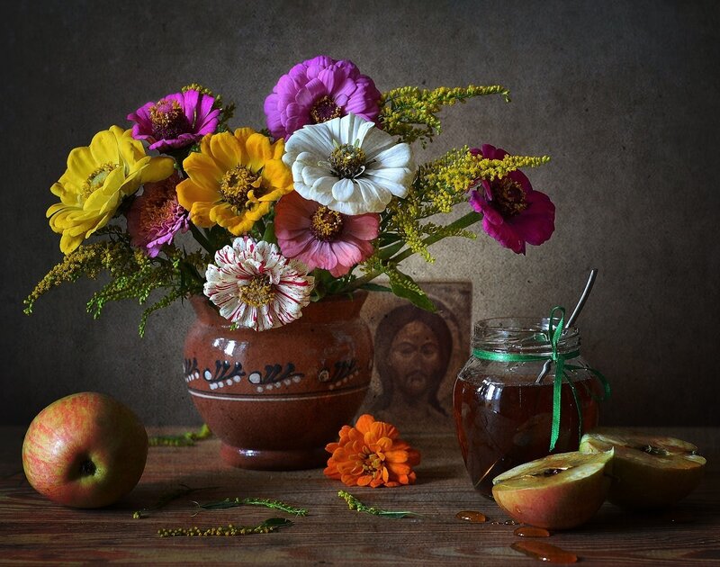 Still Life with Flowers and Fruit — Brown, Serene, Photograph, Apple