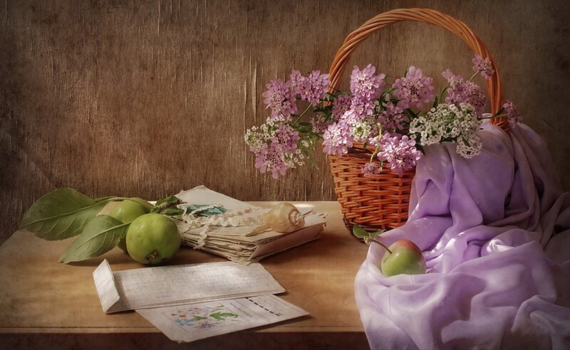 Still Life with Flowers and Fruit — Brown, Serene, Photograph, Basket