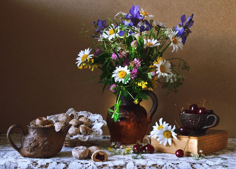 Still Life with Flowers and Fruit — Brown, Serene, Photograph, Cherries