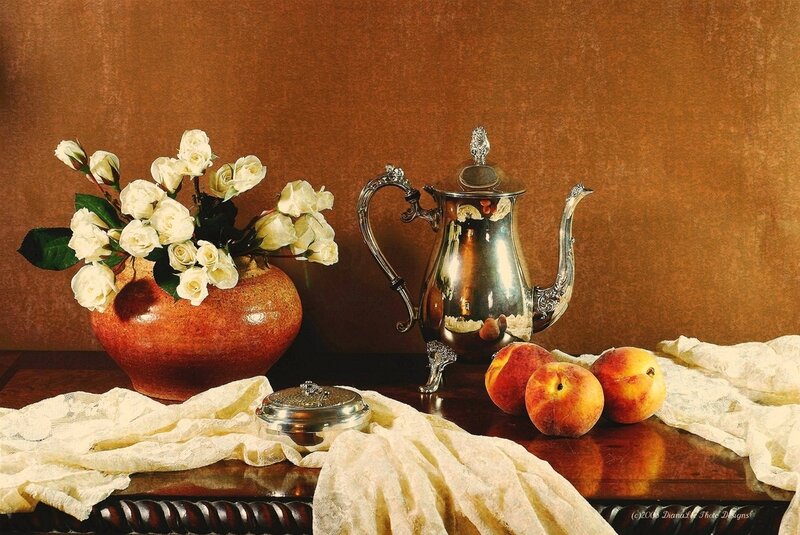 Still Life with Flowers and Fruit — Brown, Serene, Photograph, Roses