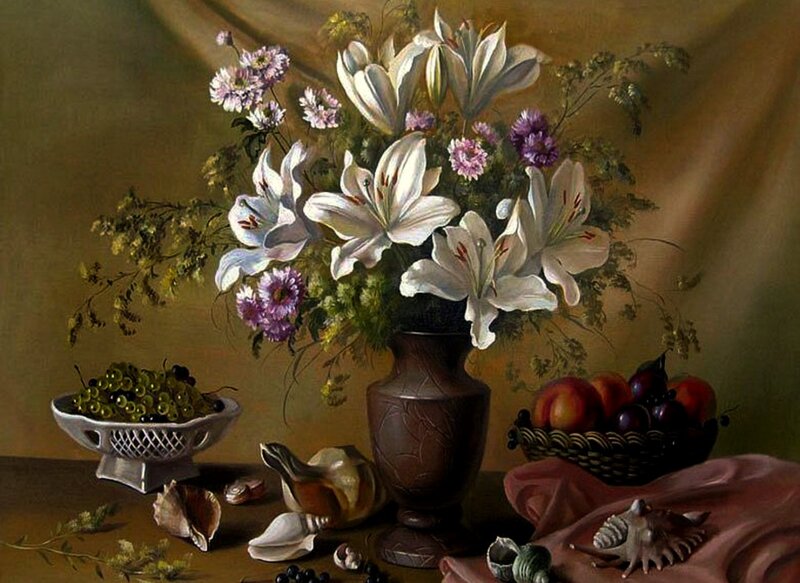 Still Life with Flowers and Fruit — Brown, Serene