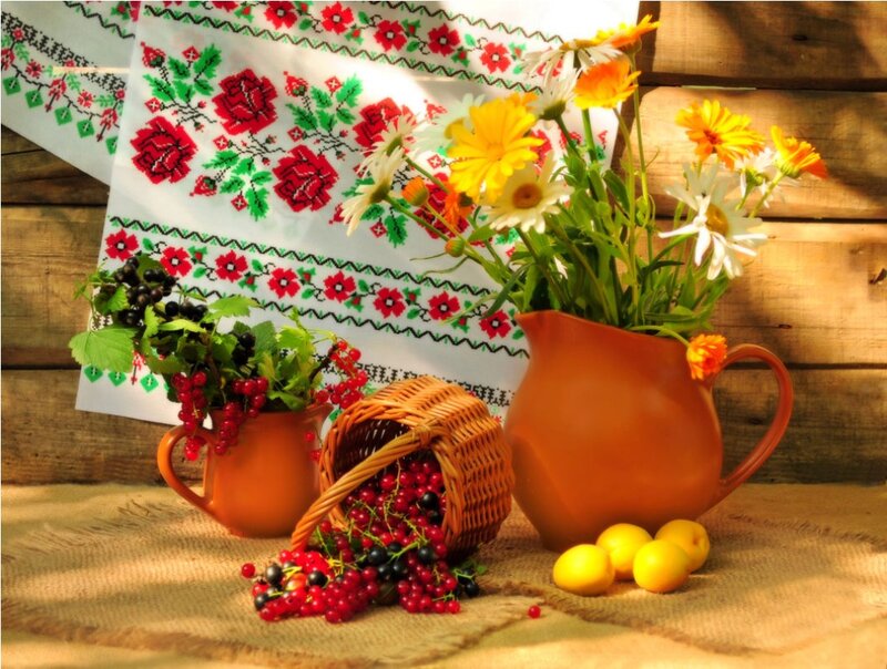Still Life with Flowers and Fruit — Brown, Warm