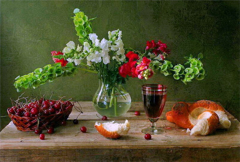 Still Life with Flowers and Fruit — Green, Calm, Painting, Cherries