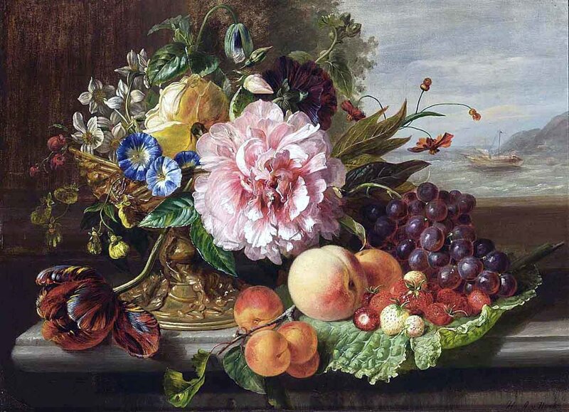 Still Life with Flowers and Fruit — Green, Calm, Painting