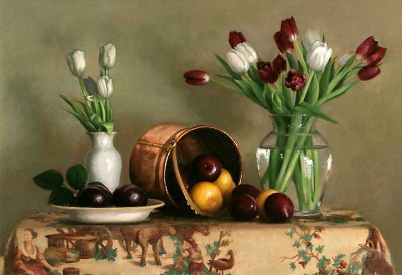 Still Life with Flowers and Fruit — Green, Calm, Painting, Vases
