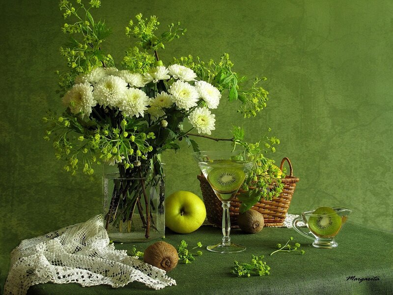 Still Life with Flowers and Fruit — Green, Calm, Photograph, Apple