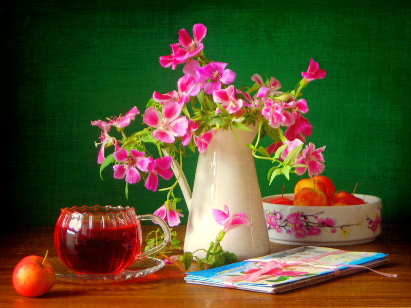 Still Life with Flowers and Fruit — Green, Calm, Photograph, Apples