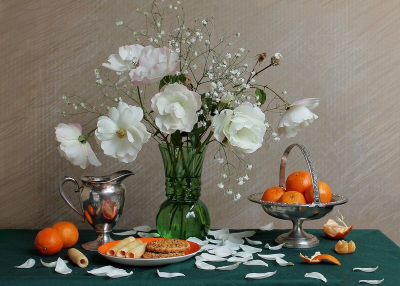 Still Life with Flowers and Fruit — Green, Calm, Photograph, Bowl