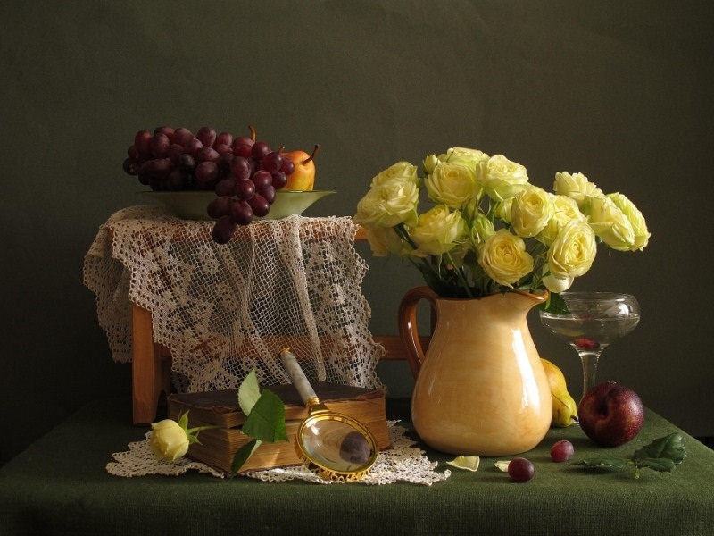 Still Life with Flowers and Fruit — Green, Calm, Photograph, Grapes