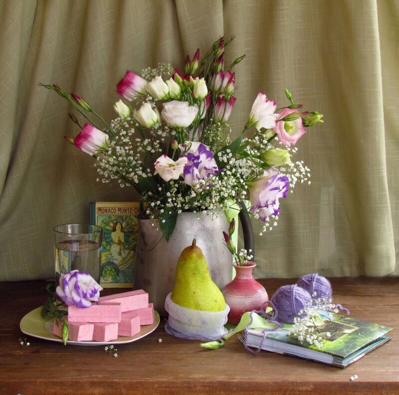Still Life with Flowers and Fruit — Green, Calm, Photograph, Pear
