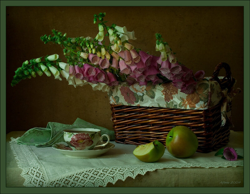 Still Life with Flowers and Fruit — Green, Calm, Photograph