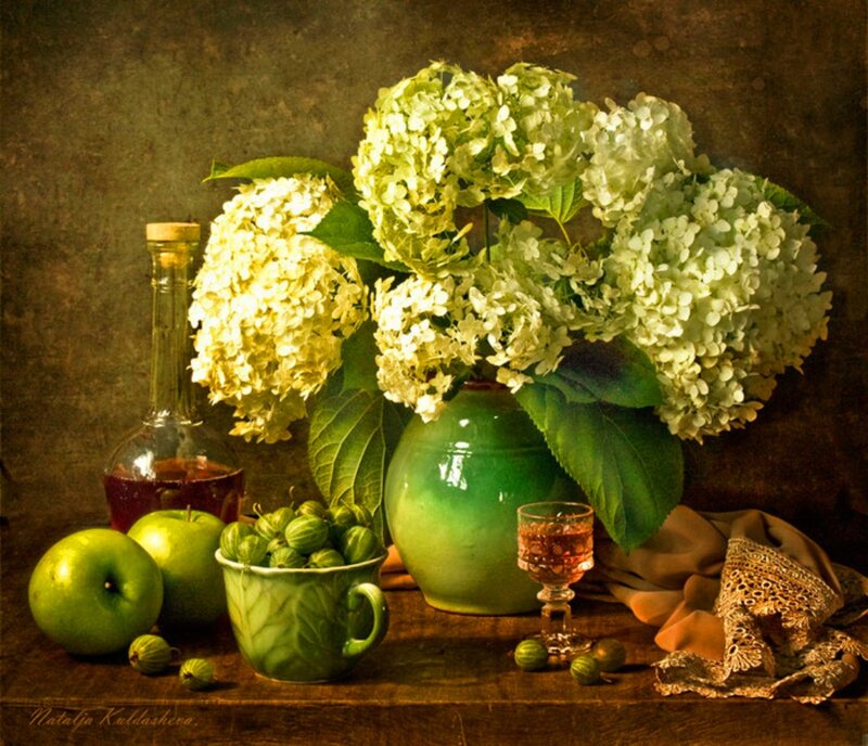 Still Life with Flowers and Fruit — Green, Dramatic, Painting