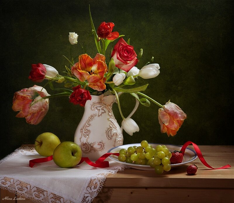 Still Life with Flowers and Fruit — Green, Dramatic, Photograph