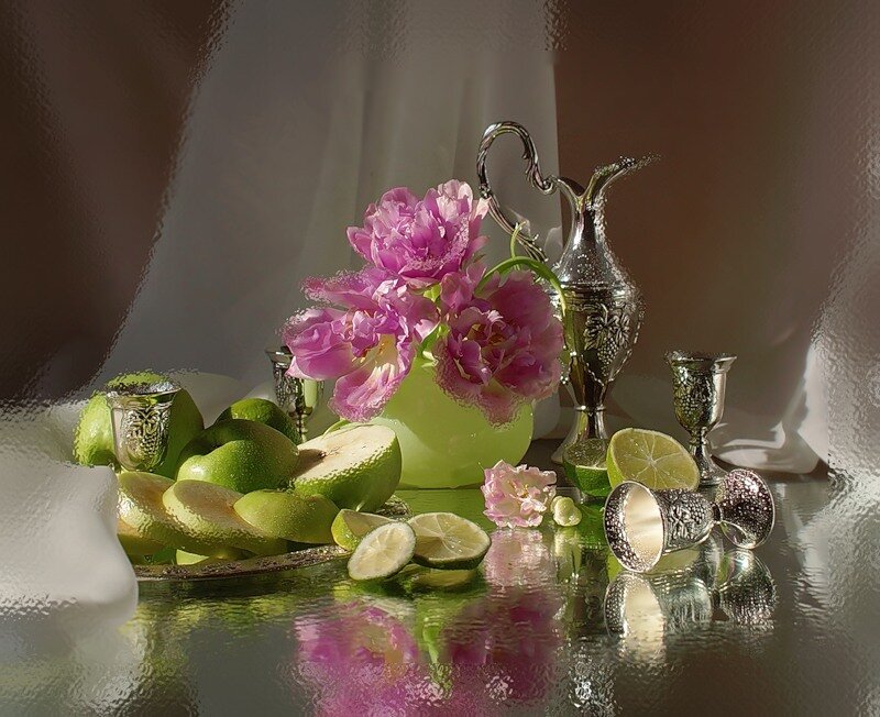 Still Life with Flowers and Fruit — Green, Dramatic