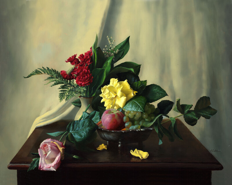 Still Life with Flowers and Fruit — Green, Serene, Painting
