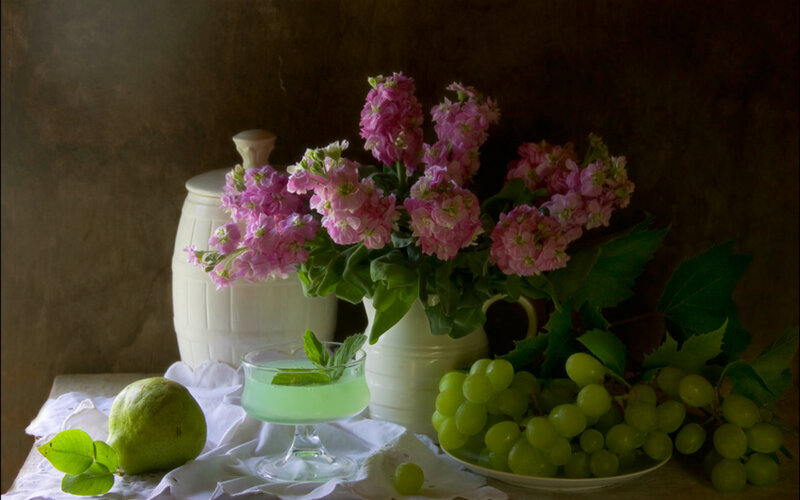 Still Life with Flowers and Fruit — Green, Serene, Photograph, Grapes
