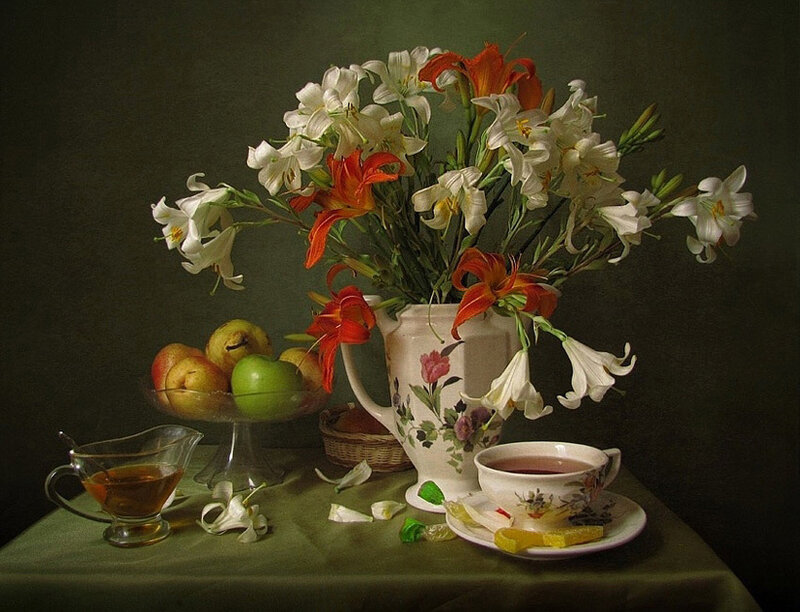 Still Life with Flowers and Fruit — Green, Serene
