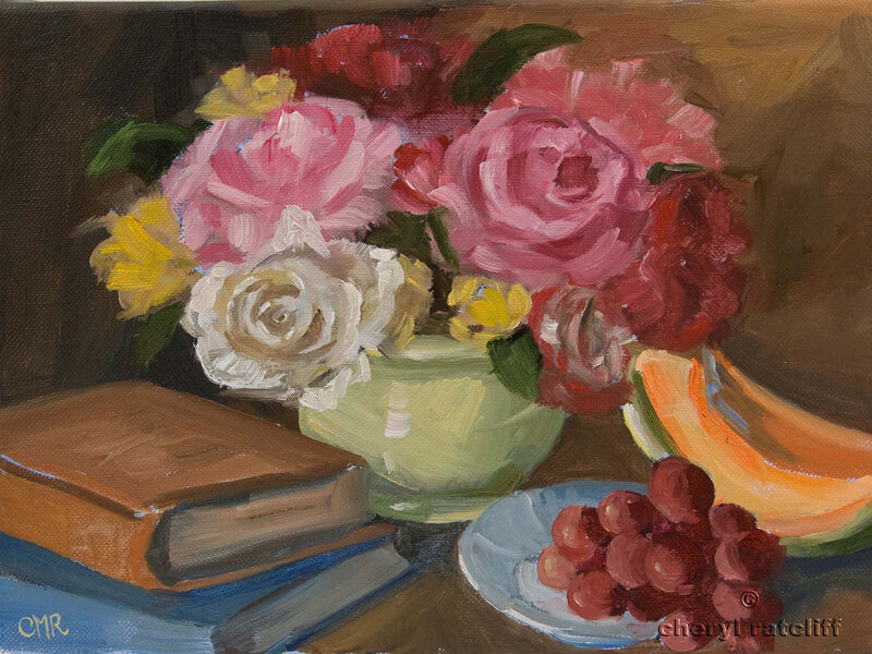 Still Life with Flowers and Fruit — Pink, Calm, Painting