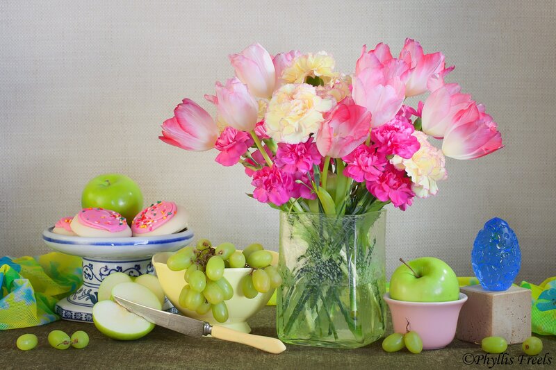 Still Life with Flowers and Fruit — Pink, Calm, Photograph, Cookies
