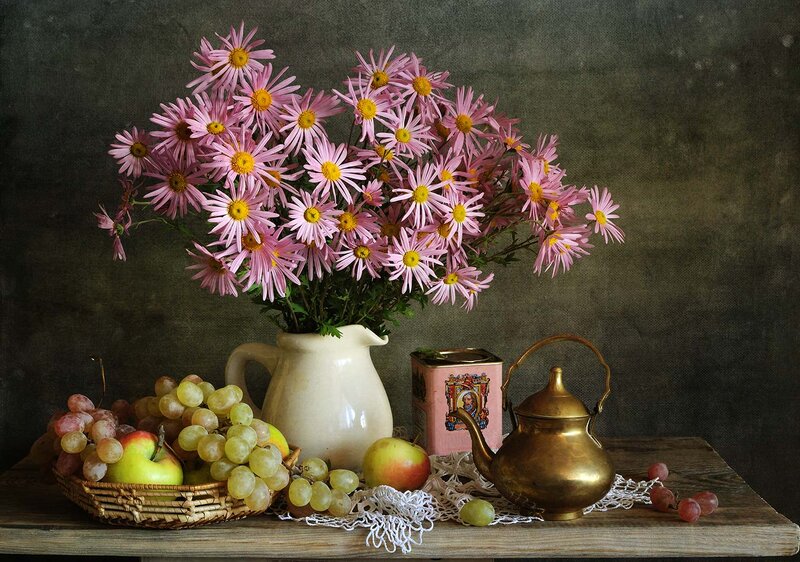 Still Life with Flowers and Fruit — Pink, Calm, Photograph, Teapot
