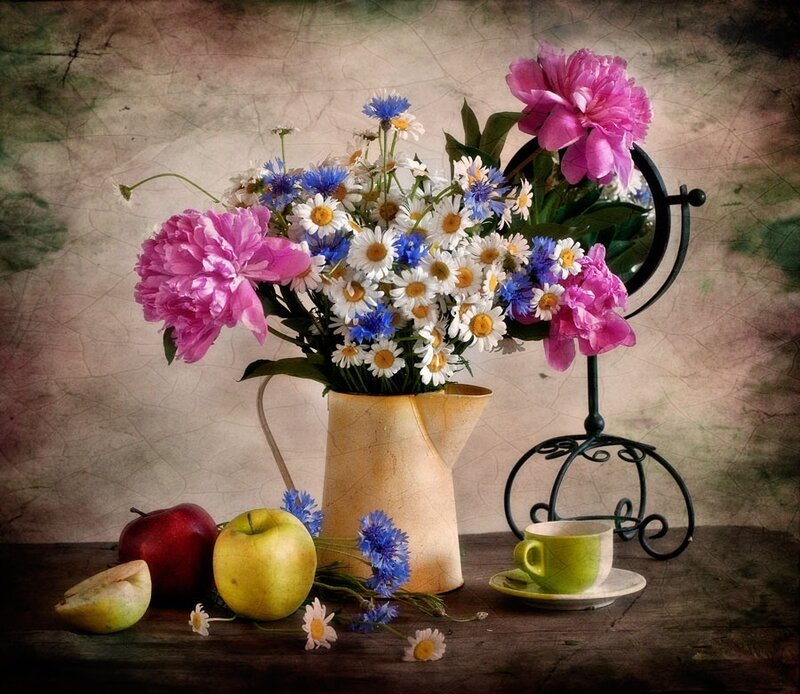 Still Life with Flowers and Fruit — Pink, Calm, Photograph
