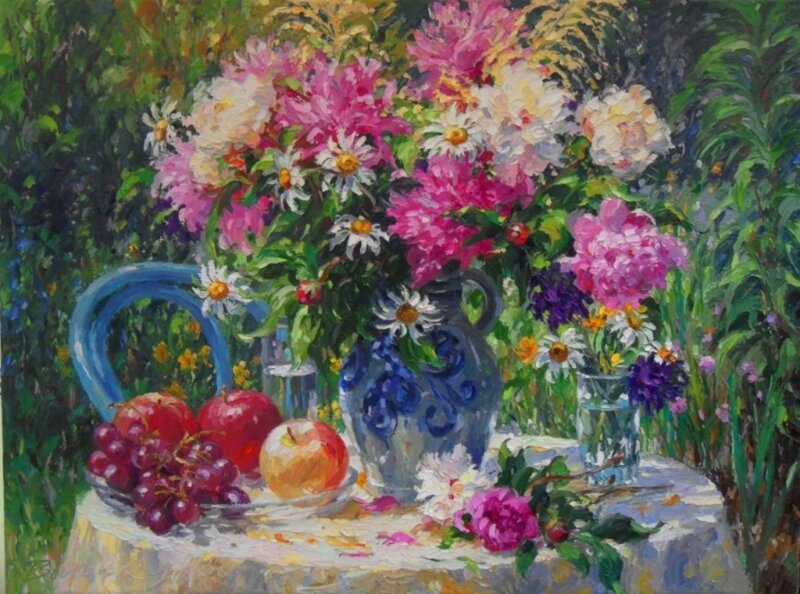 Still Life with Flowers and Fruit — Pink, Serene, Afternoon, Painting